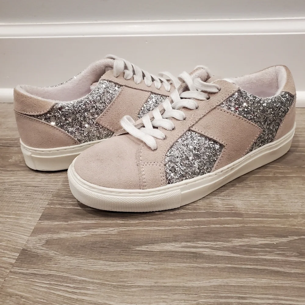 NEW STEVEN by Steven Madden Parody Leather Glitter Cream Sneakers